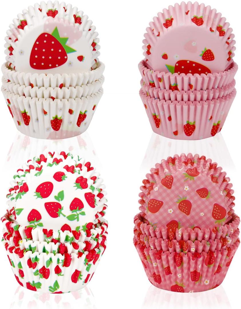 JEPELUS 400 Pcs Greaseproof Cupcake Liners, Mini Muffin Liners Cupcake Wrappers Standard Paper Baking Cup Cake Wrapper for Wedding Baby Shower Berry Themed Birthday Party Decor (Pink Strawberry)