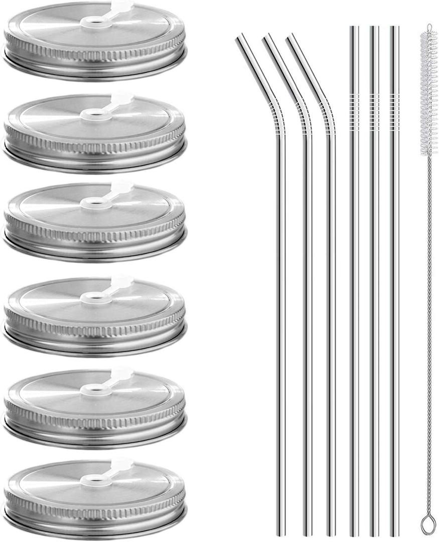 6pcs Pack 304 Stainless Steel Wide Mouth Mason Jar Lids with Straw Hole, Including 6pcs Stainless Steel Straws and 1pcs Cleaning Brush, Compatible with Ball & Kerr Mason Jars