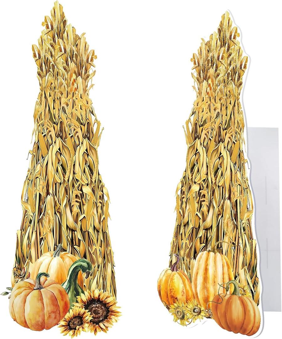 2 Pcs Fall Corn Stalk Decoration, Thanksgiving Cardboard Cutout Life-Size Standup, Backdrop for Thanksgiving Autumn Harvest Halloween Party Supplies Wall Decor Indoor Outdoor, 59" x 21.7"