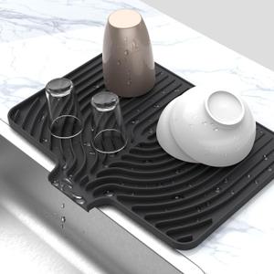 Silicone Dish Drying Mat for Kitchen Counter , Dish Drying Rack Mat with Built in Drain, 18 Inch Drying Mats for Dishes Dry Pad for Kitchen Counter,Not applicable Bumps up sink (1812inch, black)