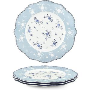 fanquare 10 Inch Porcelain Dinner Plates Set of 4, Lace Dishes Set for Salad, Pasta, Soup, Dessert, Blue Roses