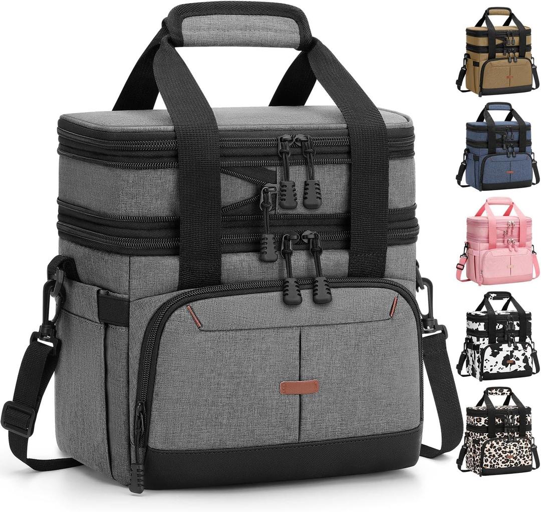 Lunch Box For Men Women Double Deck Insulated Lunch Bag For Men Woman Leakproof Expandable Cooler Bag with Adjustable Shoulder Strap for Work Picnic School(Gray,Medium)