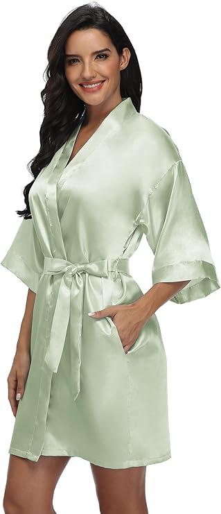 Women's Satin Robe, Short Silky Bridesmaid Bride Robe, Bachelorette Party Sleepwear, Sage Green, M