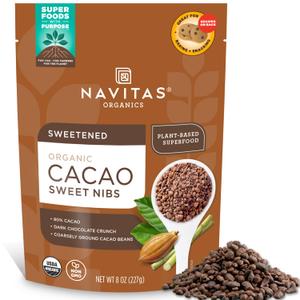 Navitas Organics Cacao Nibs  Sweetened Dark Chocolate Crunch  Antioxidants, Minerals, Fiber  For Trail Mix, Baking & More  USDA Organic, Fairtrade, Non GMO, Gluten Free, Non-alkalized (8oz. Bag 57 Servings) (8 Ounce (Pack of 1))