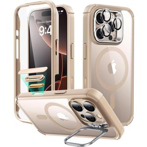ESR for iPhone 16 Pro Case with Stand, Camera Control Button Compatible with MagSafe, Full-Body Military-Grade Drop Proof Case with Built-in 9H+ Tempered Glass Screen Protector, Clear Gold