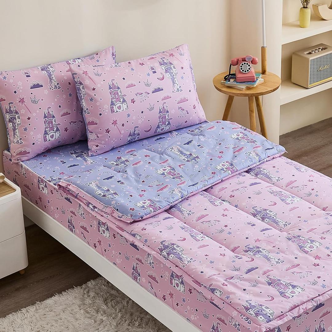 Anibedding 3Pcs Zip Up Bedding Comforter Set for Girls, Pink Castle All in One Zipper Full Bedding Set with Pillowcase for Kids