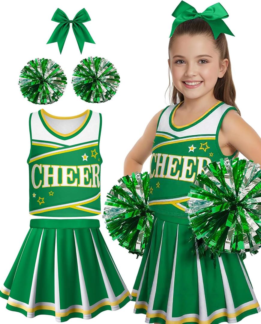JenPen Cheerleader Costume for Cute Cheerleading Outfit Cheer Uniform for Halloween Dress Up with Accessories (L(7-9year), Green)