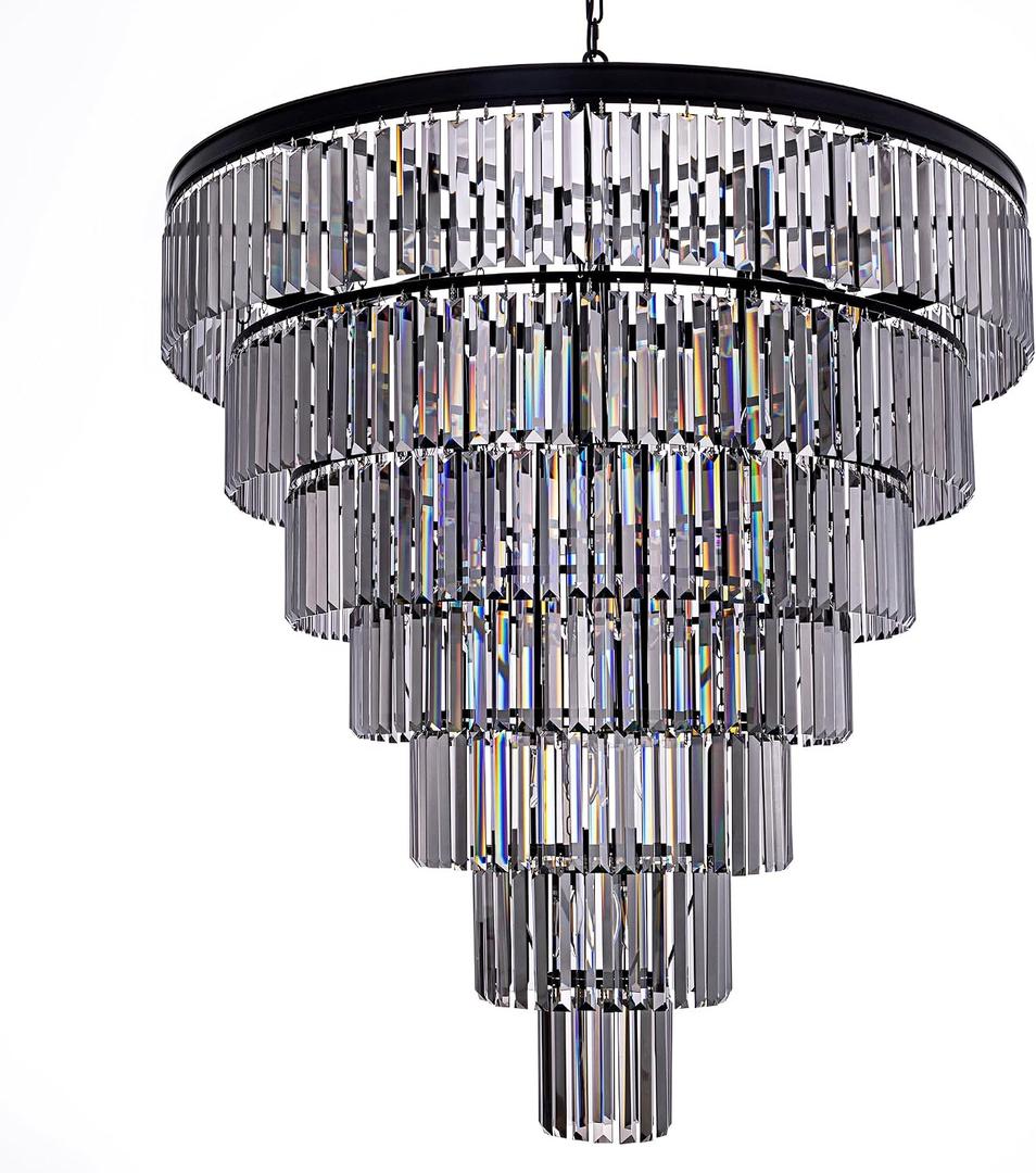 TOCHIC Black Crystal Chandelier for Living Room, 40 Inch 7-Tier Modern K9 Smoke Grey Chandeliers for Dining Room, Round Raindrop Light Hanging for High Ceiling, Staircase, Entryway, Foyer