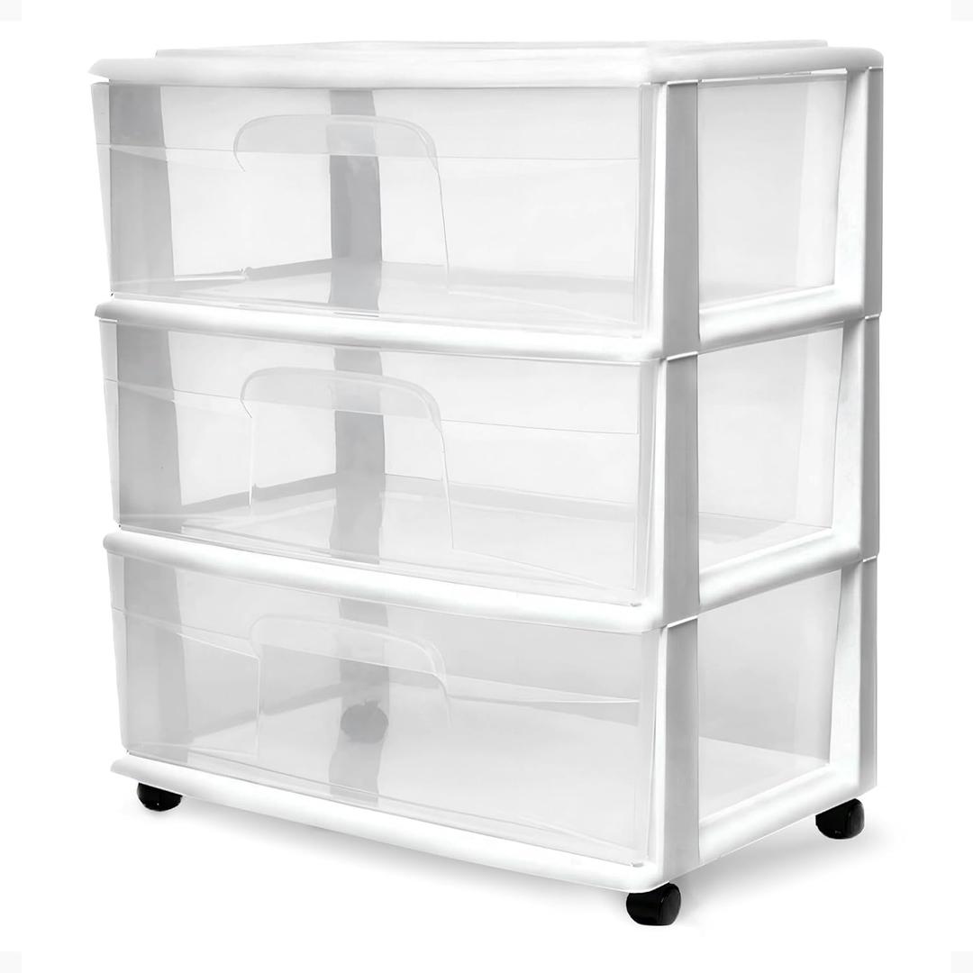 HOMZ Drawer Tower, 3-Tier Wide Clear Plastic Storage Organizer Cart, White Frame - Rolling Containers with Wheels for Bathroom, Bedroom, Office, and Classroom Organization