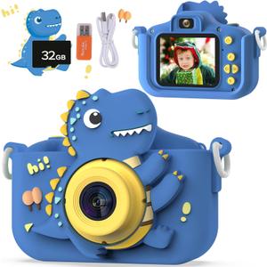 Dinosaur Kids Camera, Toddler Camera, Christmas Birthday Gifts Toys for Boys Age 3-12 Years, HD Selfie Kid Digital Camera with 32GB Card, Dinosaurs Toys for Kids 3 4 5 6 7 8 Years Old Gift (Blue)