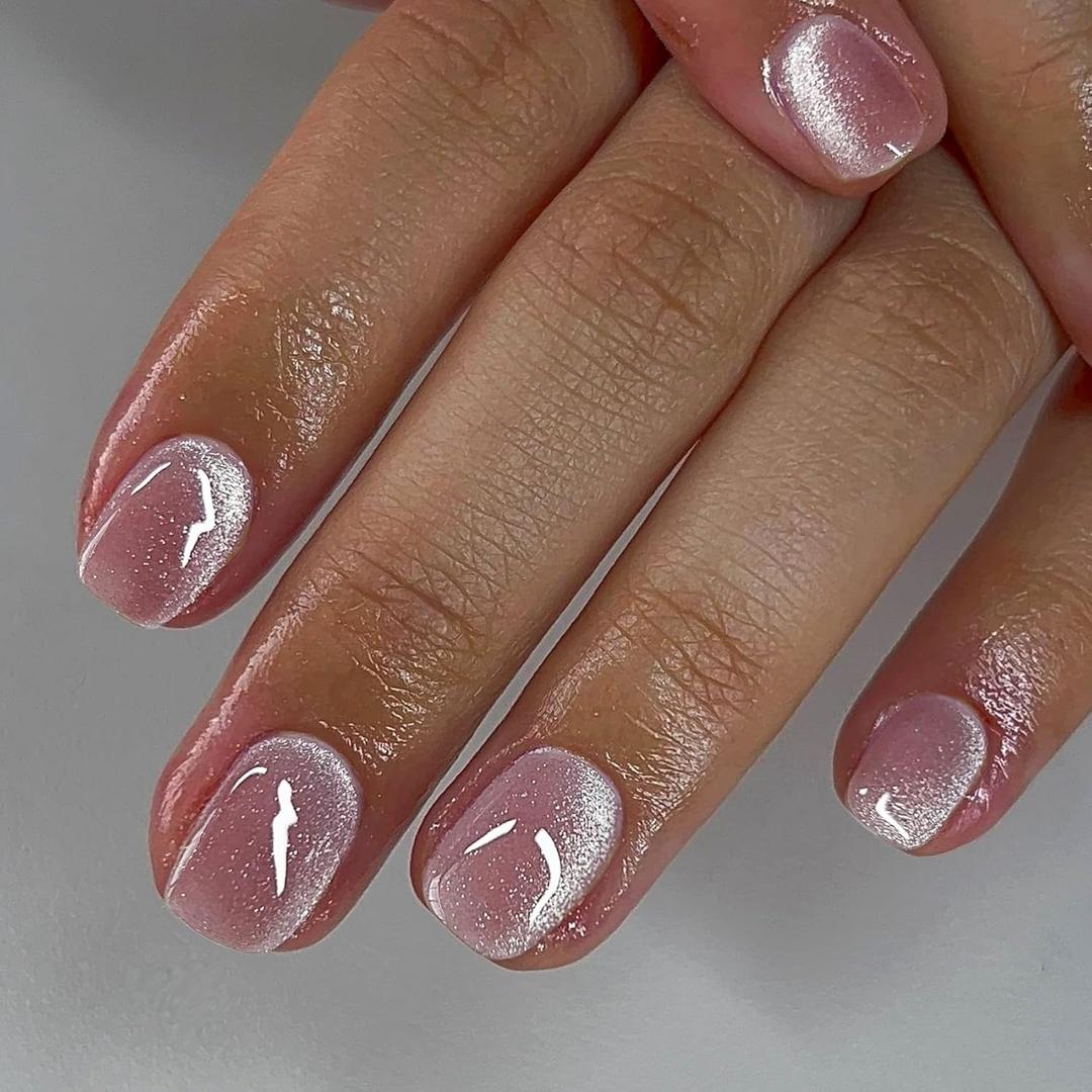 KQueenest Cat Eye Pink Press on Nails Short Square, 30 Pcs Thick Glitter Fake Nails Press ons, Sparkle Bling Acrylic Nails Glue on Short, Shiny Cute False Nails Stick on Nails for Women Manicure