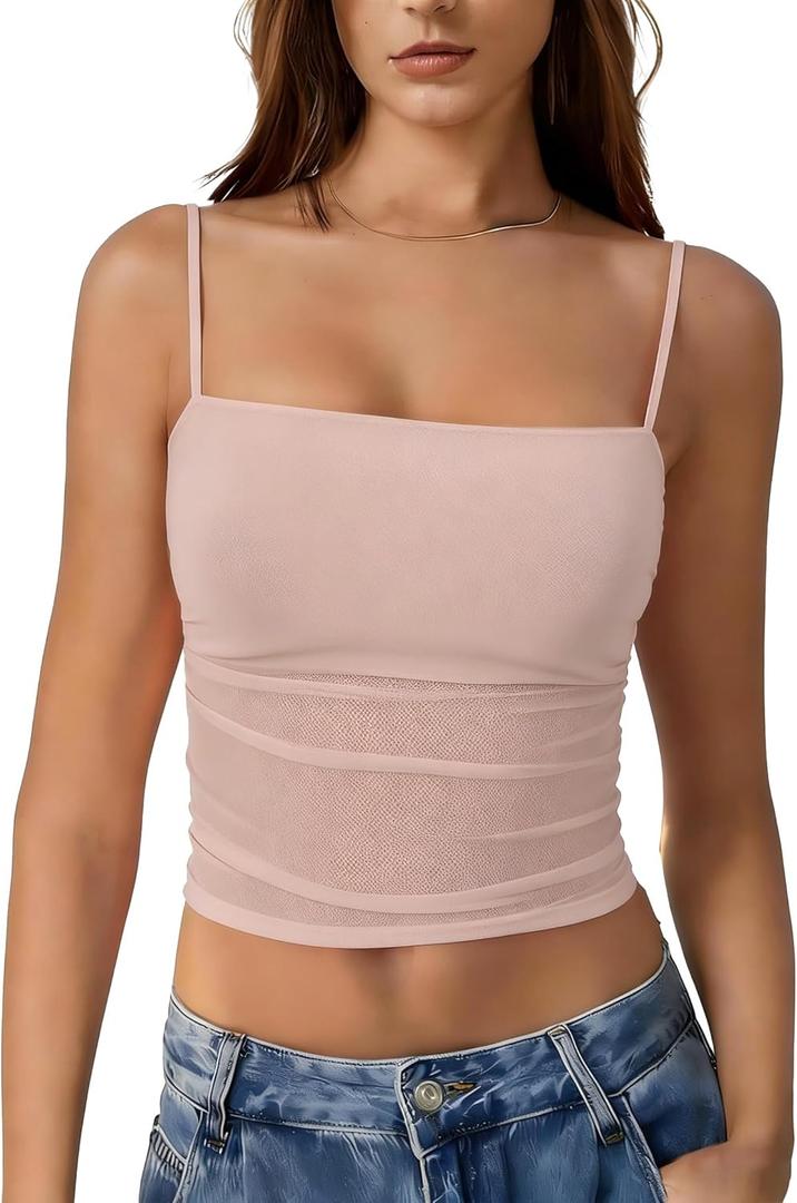 Avidlove Bralettes for Women Spaghetti Strap Mesh Tank Top Tube Slim Y2K Camisole Ultra-Cropped Tops Lightweight(1 & 2 Pcs) (Pink, XXL)