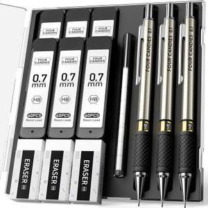 Four Candies Metal Mechanical Pencil Set - 3PCS 0.7mm Mechanical Pencils & 360PCS HB Lead Refills & 3PCS Erasers & 9PCS Eraser Refills