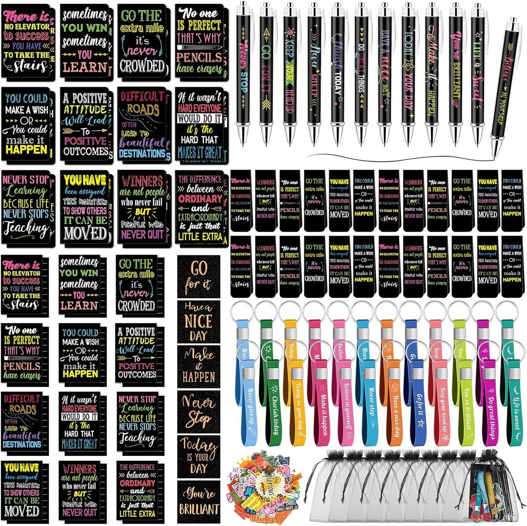 Pasimy 218 Pcs Inspirational Stationery Gifts Motivational Mini Notepad Pen Quote Bookmarks Stress Relief Stickers Inspiring Silicone Keychains for Home Office Appreciation Gift(Dark)