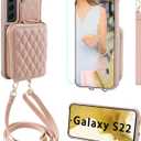 MONASAY Zipper Wallet Case Fit for Galaxy S22 5G 6.1in, [Screen Protector ][RFID Blocking] Flip Leather Handbag Phone Cover with Card Holder Crossbody Shoulder Lanyard Strap, Rosegold