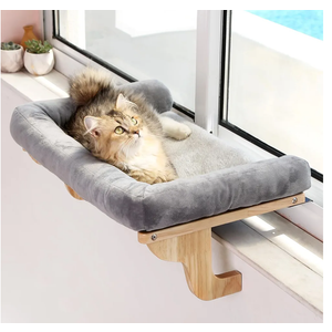 Zakkart Cat Perch for Window Sill with Bolster - Orthopedic Hammock Design with Premium Hardwood & Robust Metal Frame - Cat Window Seat for Large Cats and Kittens - Natural Color Wood Gray Bed, 24''W
