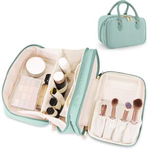 Travel Makeup Bag for Women Fashion Large Capacity Pouch Open Flat Cosmetic Portable Organizer Waterproof Large Opening Storage Toiletry Bags Vertical Free-Standing Brush Holder for Easy Access Blue