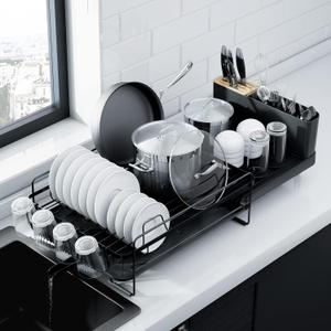 Kitsure Large Dish Drying Rack - Extendable Dish Rack, Multifunctional Dish Rack for Kitchen Counter, Anti-Rust Dish Drainers with Cutlery & Cup Holders 19.2"-26.7" L x 12.9" W, Black, Standard