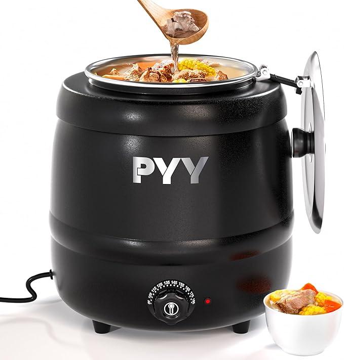PYY 10.5QT Soup Warmer - Commercial Soup Kettle with Hinged Lid,Countertop Detachable Stainless Steel Insert Soup Pot for Parties Restaurant and Big Family, Black