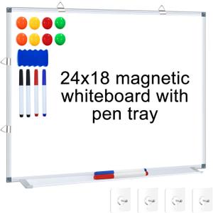 H-Qprobd Magnetic Whiteboard 24" x 18" Dry Erase White Board for Wall, Hanging Mounted Whiteboard with Aluminum Marker Tray