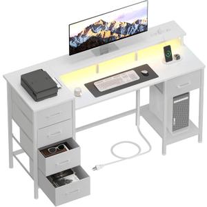 47 Inch Computer Gaming Desk with Power Outlets & LED Lights Reversible Home Office Desk with Adjustable 5 Fabric Storage Drawers for Working Writing Study, White Oak