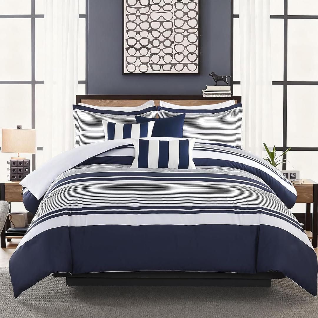 Finlonte King Size Comforter Set 6 Pieces, Navy Blue White Striped Bed Set, 100% Cotton Luxury Fluffy Cozy Comforter with 2 Pillow Shams and 3 Decor Pillow Cover, Modern Quilted Bedding All Season