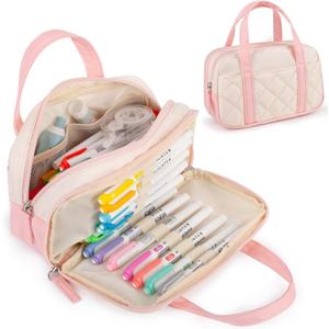 2 Compartment Pencil Case For Girls, Zipper Pencil Bag With Handle, Large Capacity quilting Pencil Pouch Organizer Aesthetic, Women's Soft Pencil Box Marker Pouch For Middle School Office College (Pink)