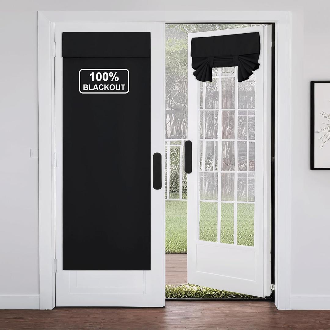 NICETOWN Black French Door Curtains for Window, 100% Blackout Thermal Insulated Window Covering for Glass Door, Front Kitchen Curtain Tie Up Shade 26W x 72L Inches Long, 1 Panel