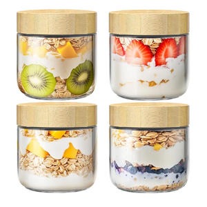 4 Pack 10oz Overnight Oats Containers with Bamboo Lids, Glass Jars with Airtight Lids for Meal Prep, Wide Mouth Mason Salad Jars, Glass Food Storage Container for Yogurt Chia Snacks Spice Sugar
