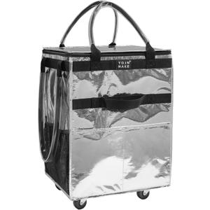 Reusable Grocery Bag On Wheels (Large, Silver) Shopping Trolley with 8 Pockets and Zipper Cover Foldable Rolling Tote, Heavy Duty Handles, Carries Up to 66 LBS