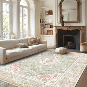 Vhong Washable Area Rugs Boho Vintage Modern Neutral Large Carpet Green and Pink High Traffic Rugs 69 for Dinning Room Living Room Bedroom Farmhouse Non Slip