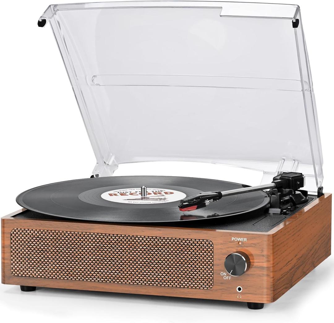 Vinyl Record Player with Speakers Vintage Turntable for Vinyl Records Belt-Driven Turntable Support 3-Speed Bluetooth Playback Headphone AUX RCA Line LP Vinyl Players for Sound Enjoyment Retro Brown