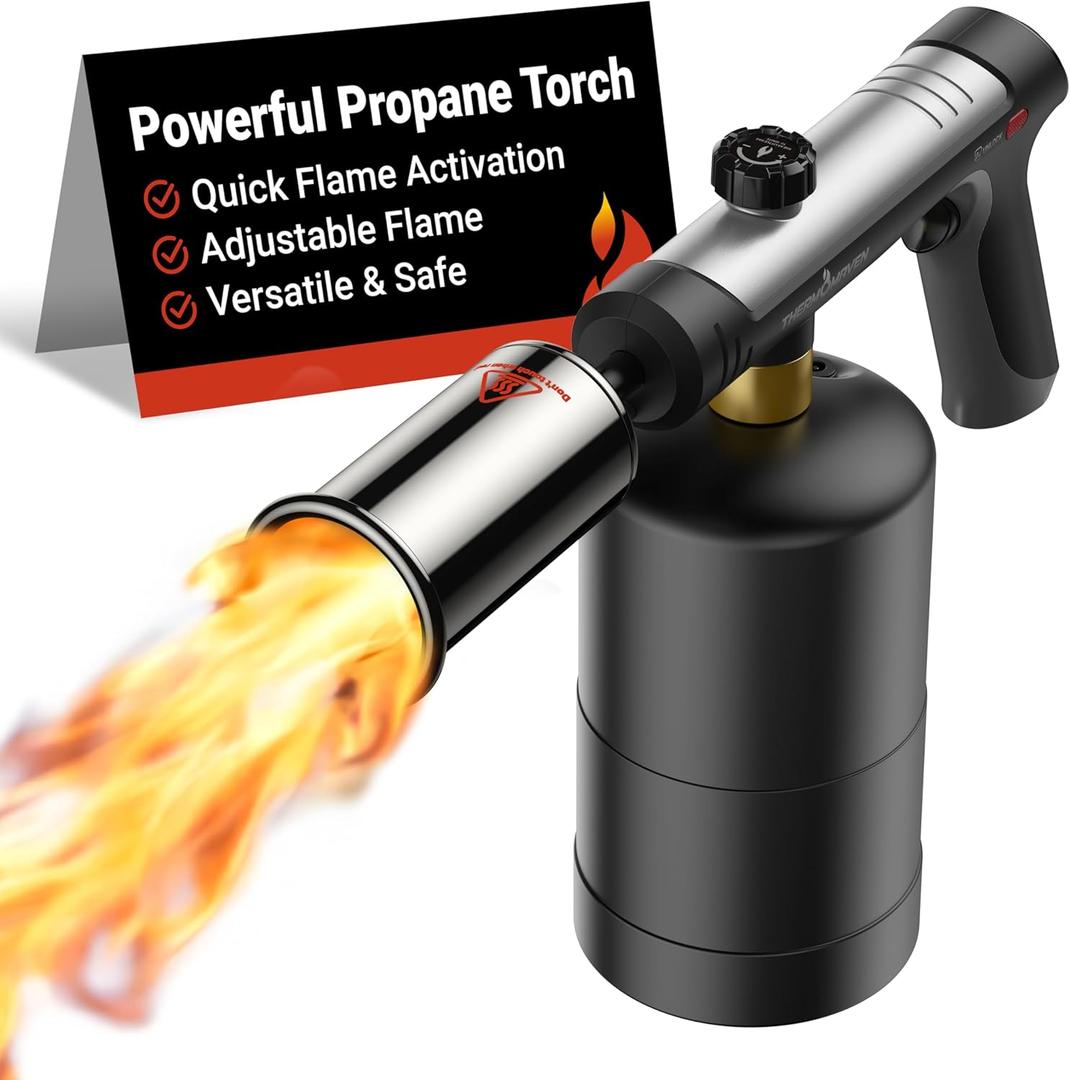 ThermoMaven Propane Torch with One-Touch Max Fire, Cooking Blow Torch Gun with a Safety Lock, Charcoal Lighter, Flame Thrower, Kitchen Food Torch Head for Grill, Sous Vide, BBQ (Tank Not Included) (Silver)