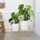 ARNIS Modern Planter Pots, Set of 2 Large Planters with Stand, Decorative Planters, Metal Pots with Drainage Holes for Living Room, Office, Garden or Balcony, 10.5 &12.25 Inch, Matte White