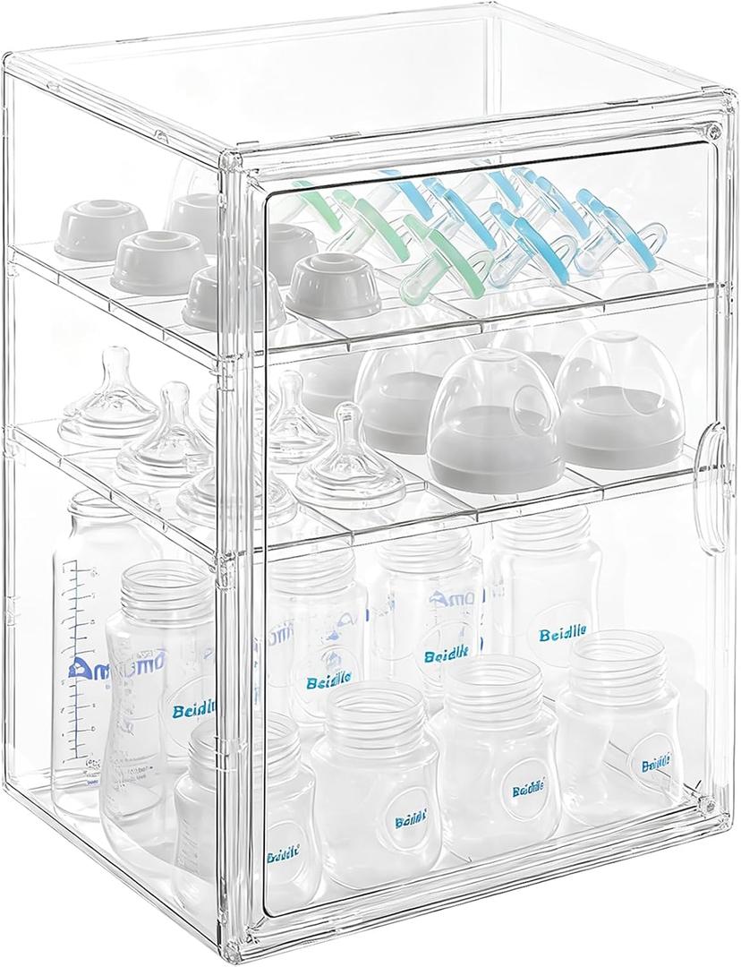 ERTIUANIO Baby Bottle Organizer 3 Tier Acrylic Bottle Storage Organizer container, Clear Plastic Bottle Station Organizers Drawers for Countertop Kitchen Cabinet Vanity, Bathroom, Gifts for New Mom