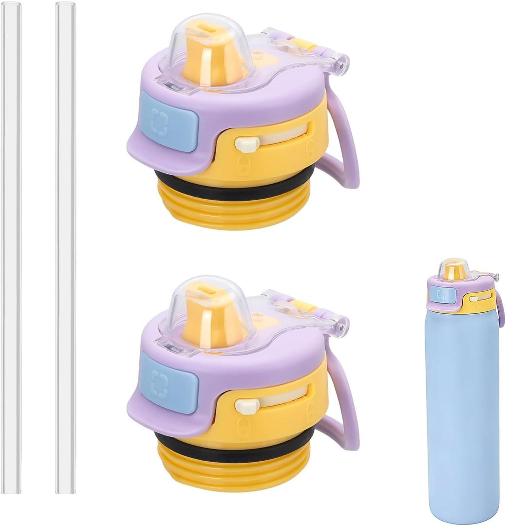 2 PCS Replacement Lid for Ello Pop & Fill Stainless Steel Water Bottle, Compatible with 22oz, 32oz, 40oz, Leak Proof Locking, 2 PCS Spill Proof Lid Accessories Fit, BPA-Free (Purple-yellow)