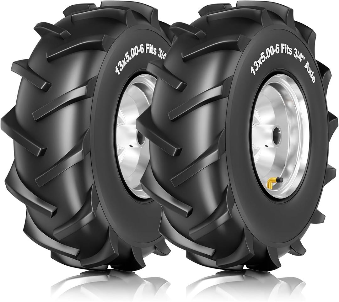 RONPOW 13x5.00-6 Rear Tine Tiller Tire and Wheel, 3/4" Axle Bore, 500Lbs Load, Easy to Install, 4 Ply Durable Pneumatic Replacement Rototiller Assembly for Garden Tiller & Farm Equipment, 2Pack Silver