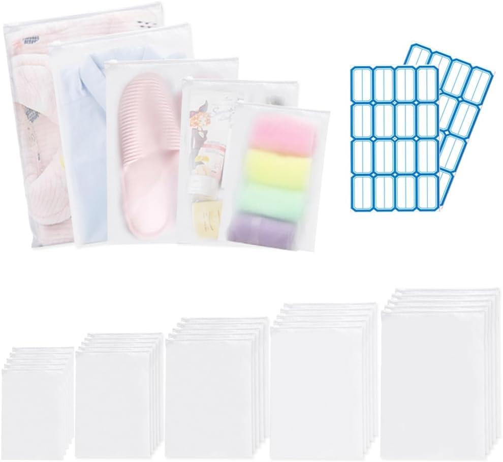30PCS Frosted Travel Storage Bags, Reusable Plastic Ziplock Bags, Clothes Packaging Bags with Labels, Waterproof Clothing Zipper Bags Pouch for Travel Clothes Shoes Cosmetics Storage Bag (5 Size)