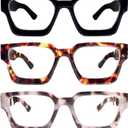 REAVEE 3 Pack Thick Frame Reading Glasses for Women Men, Oversized Fashion Blue Light Blocking Readers Spring Hinge