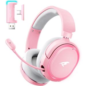 Wireless Gaming Headset, 7.1 Surround Sound, 2.4GHz USB Gaming Headphones with Bluetooth 5.4, 100H Battery, ENC Noise Canceling Mic, RGB Light, Wireless Headset for PC PS5 PS4 Mac Switch (Pink)