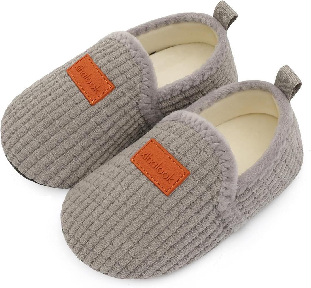 XIHALOOK Toddler Boys Girls House Slippers with Microfleece Lining Cozy Household Shoes Non-slip for Kids (Gray)