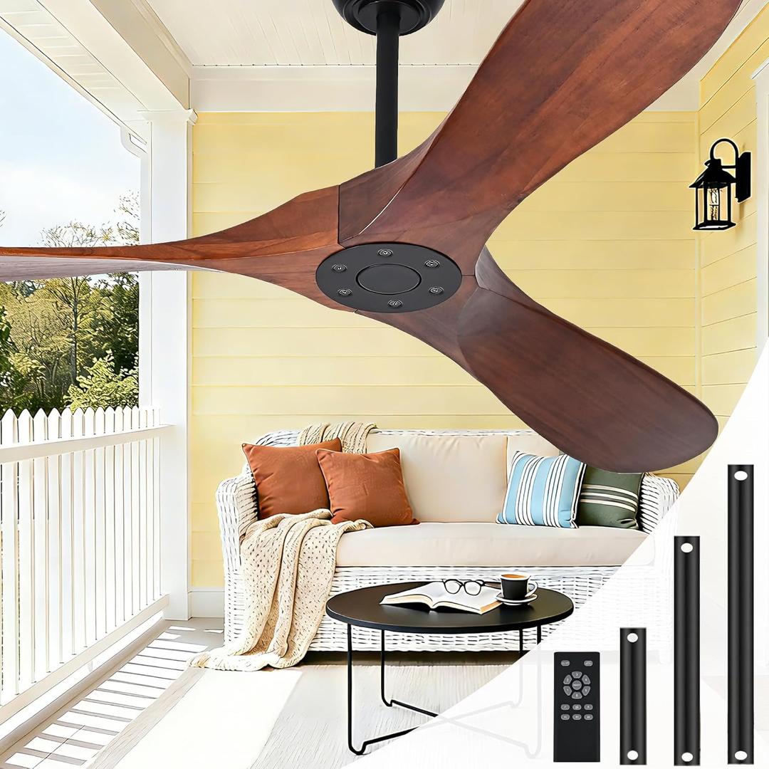 60 Inch Ceiling Fan No Light, Wood Indoor Outdoor Ceiling Fans for Patios Living Room Bedroom Gazebo, Big High CFM Wet Rated Wooden Propeller Ceiling Fan for Sloped Ceiling (Walnut)