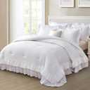 Ruffle Queen Comforter Set, 3 Pieces White Lightweight Fluffy Bedding, All Season Soft Microfiber Shabby Chic Farmhouse Decor for Women Girls Teens