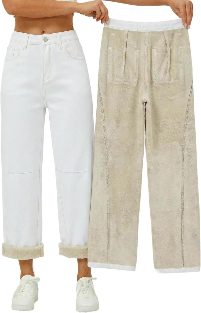 EMMIOL Baggy Jeans Women Straight Leg Mid Rise Boyfriend Wide Leg High Waisted Cute Trendy Y2K Loose Fit Pants Stretchy (Medium, Fleece Lined 041-white), Medium