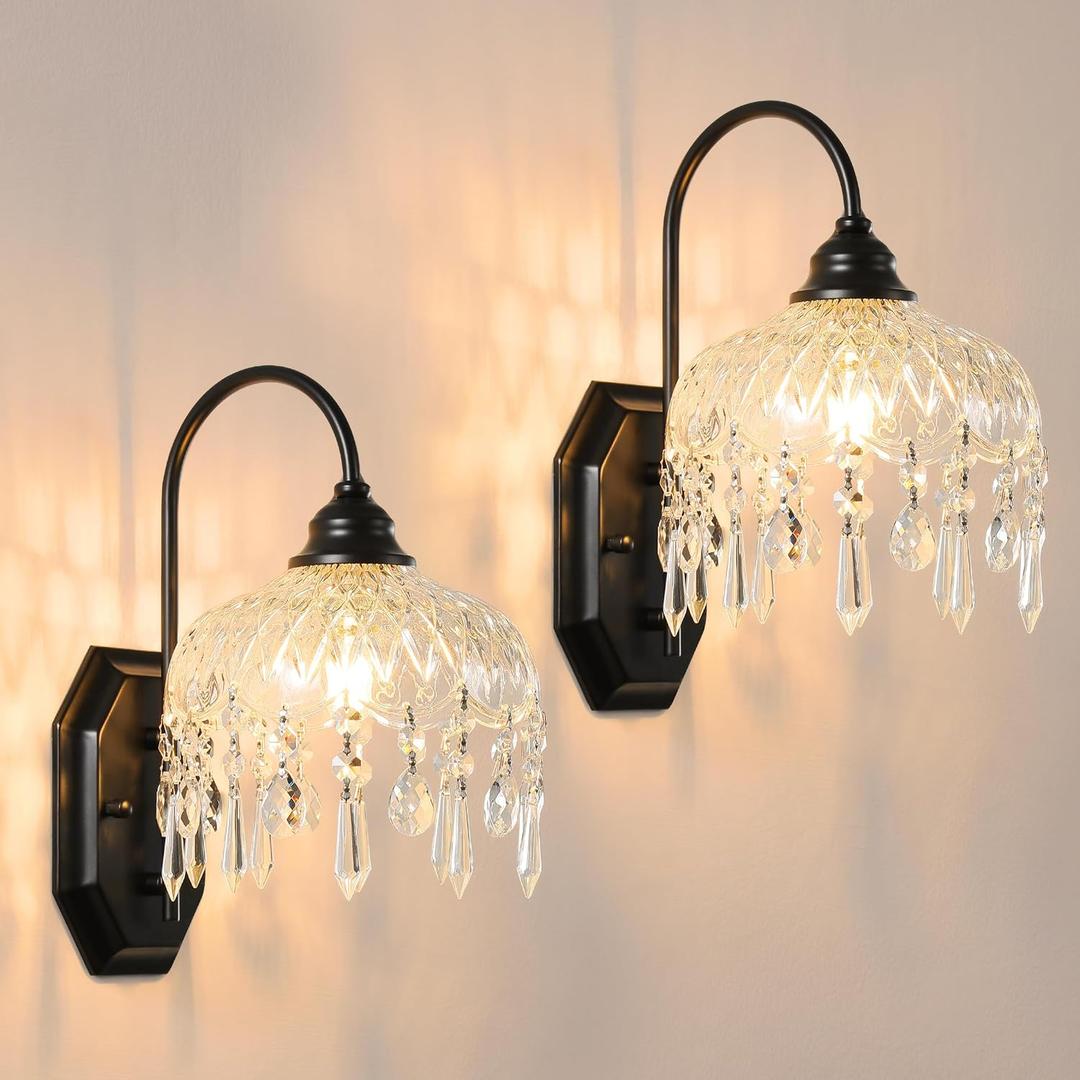 2-Pack Vintage Glass Crystal Wall Sconce, Matte Antique Black Finish, for Bedroom Bathroom Hallway Living Room, 2 units