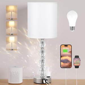 Touch Bedside Crystal Lamps for Bedrooms Nightstand with USB C+A Charging Port and AC Outlet White, 3 Way Dimmable Silver Large End Side Table Lamp for Living/Guest/Dinning Room/Kitchen
