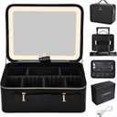 11.4 Inch Extra Large Makeup Bag with LED Lighted Mirror Leather Cosmetic Train Case Light up Mirror Portable Makeup Artist Storage Bag with Dividers Makeup Brush Holder Vanity Black