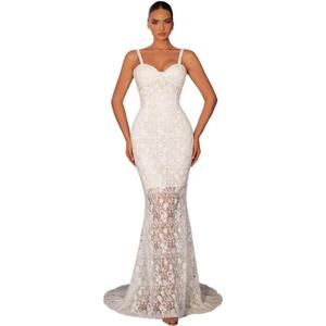 meilun Lace Mesh Maxi Dresses Wedding Bridesmaid Homecoming Party Banquet Gowns (L)