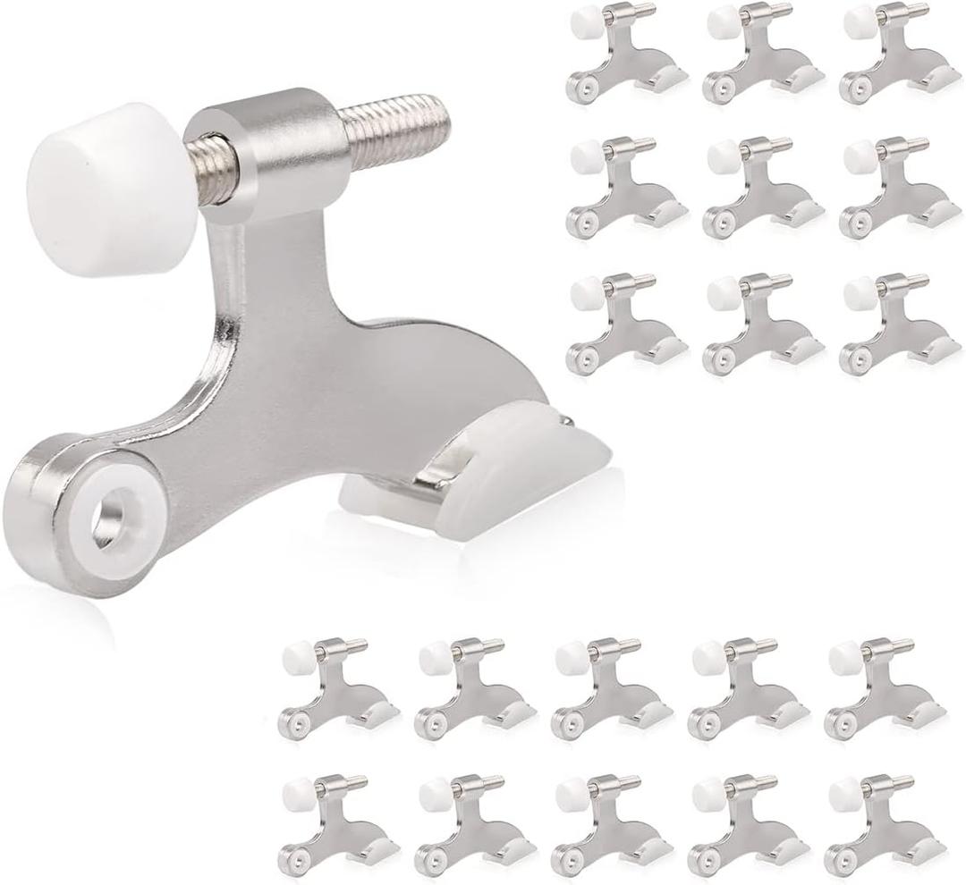 HOMOTEK 20 Pack Hinge Pin Door Stopper, Hinge Stops for Top of Door, Adjustable Deluxe Heavy Duty Door Stop 2-1/2x1-3/4 inch, with White Rubber Bumper Tips, Satin Nickel