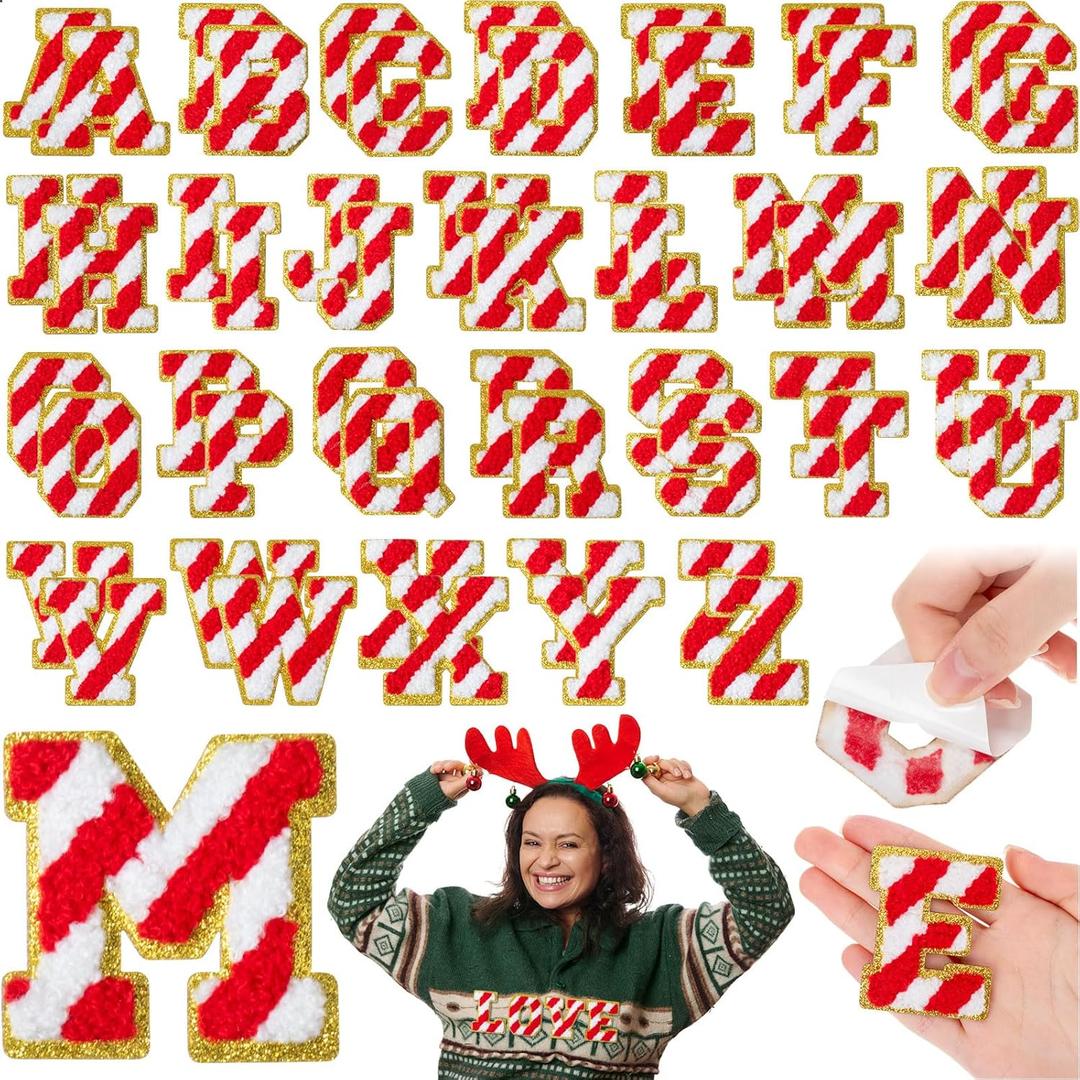 WILLBOND 52 Pcs Christmas Alphabet Patches 2.2 Inch Self Adhesive Letter Patches Red and White Embroidered Applique Alphabet Chenille Stickers DIY Personalized Name Tags for Clothes Bags Stockings
